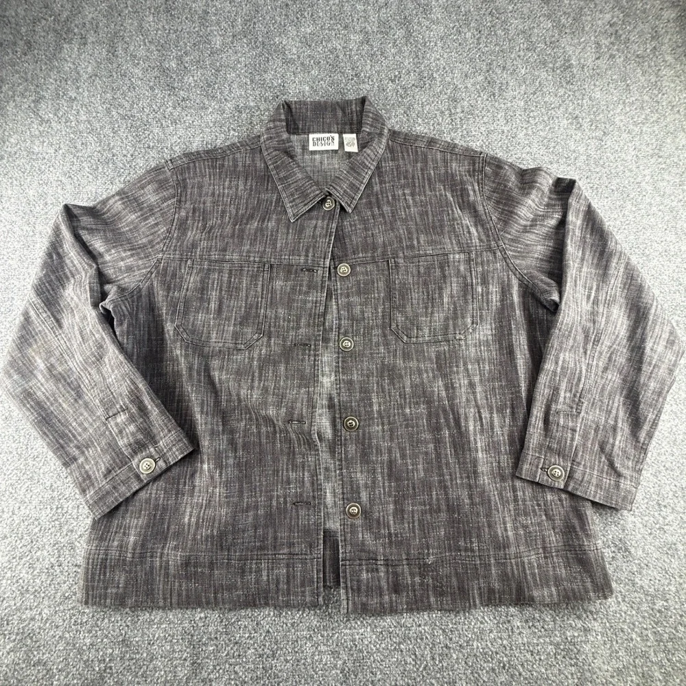 Chicos Design Gray Space Dye Textured Button Front Jacket Size 3 Large XL